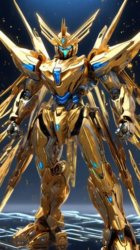 (((gold Gundam))),ARMOR,AetherPunkAI,solo,looking_at_viewer,glowing line,luminescent particle,blue_eyes,standing,meshanyaogaoda,no humans,solo,no_humans,glowing,robot,mecha,glowing_eyes,clenched_hands,science_fiction,straight-on,v-fin,mobile_suit,cinematic lighting,strong contrast,high level of detail,Best quality,masterpiece,(neon background),(wide angle:1.4),dindal effect,,Extremely gorgeous metal style,Metal crown with ornate stripes,Various metals background,Sputtered molten iron,floating hair,Hair like melted metal,Clothes made of silver,Clothes with gold lace,flowing gold and silver,everything flowing and melt,flowing iron,flowing silver,lace flowing and melt,(((the mecha body with a golden metallic luster))),9:16,epic level scenes,((full-size photograph)), <lora:XLKnightV1:0.65> <lora:AetherPunkAI:0.3>