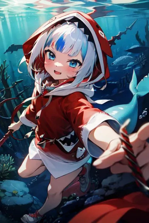 best quality, 4K wallpaper, masterpiece, extremely detailed CG unity 8k wallpaper, extremely detailed eyes, ultra-detailed, 1girl, solo, Gura, multicolored hair, blue eyes, red shark hoodie, shark tail, short hair, holding red spear, looking at viewer, undersea, <lora:Gura:1>