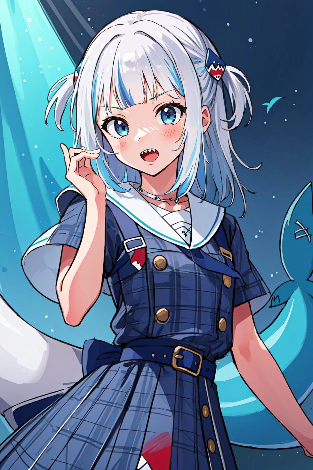 (masterpiece, best quality), intricate details,
1girl, <lora:gura:0.8> gawr gura, sharp teeth, shark tail, shark hair ornament,
<lora:suiseicos_V2:0.8> cdy,