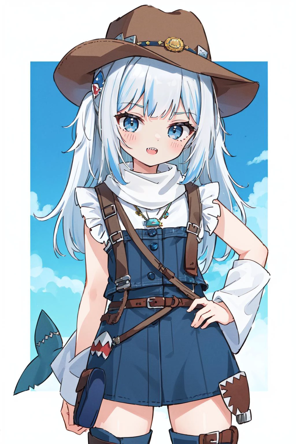 (masterpiece, best quality), intricate details,
1girl, <lora:gura:0.8> gawr gura, sharp teeth, shark tail,
<lora:cowgirl_outfit_v0.1a:0.8> cowgirl outfit, cowboy hat, cowboy boots, fringe trim, sheriff badge, holster, bandana,