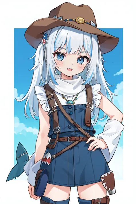 (masterpiece, best quality), intricate details,
1girl, <lora:gura:0.8> gawr gura, sharp teeth, shark tail,
<lora:cowgirl_outfit_v0.1a:0.8> cowgirl outfit, cowboy hat, cowboy boots, fringe trim, sheriff badge, holster, bandana,