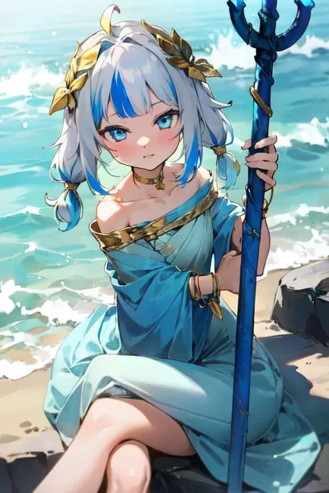 best quality, 4K wallpaper, masterpiece, extremely detailed CG unity 8k wallpaper, extremely detailed eyes, ultra-detailed, 1girl, solo, Gura, multicolored hair, blue eyes,  white dress, gold hair ornament, gold bracelet, gold choker, tail,  holding blue spear, looking at viewer, beach, sitting, crossed legs,  <lora:Gura:1>