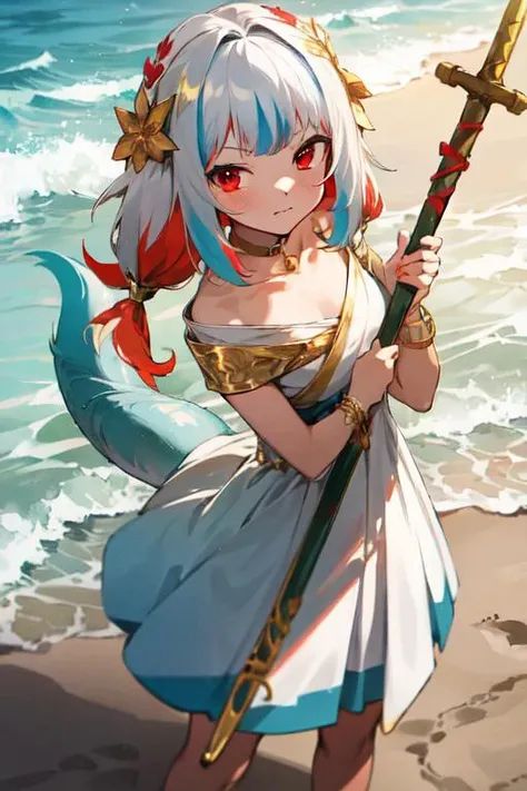 best quality, 4K wallpaper, masterpiece, extremely detailed CG unity 8k wallpaper, extremely detailed eyes, ultra-detailed, 1girl, solo, (GuraV2), multicolored hair, red eyes, long hair, white dress, gold hair ornament, gold bracelet, gold choker, tail, holding  spear, looking at viewer, beach, standing,  <lora:Gura:1>