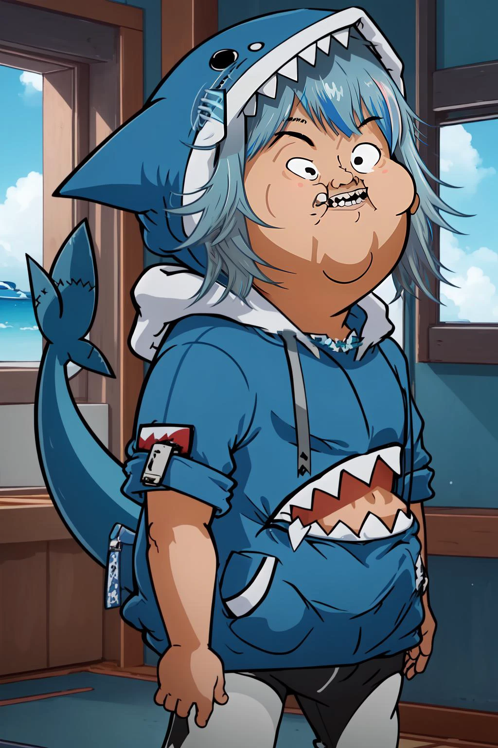 (masterpiece, best quality), intricate details,
1girl, <lora:gura:0.8> gawr gura, sharp teeth, shark tail, gura_hoodie, blue hoodie, shark hood,shark hair ornament,
<lora:Flashgitz:1.2> flashgitz,
