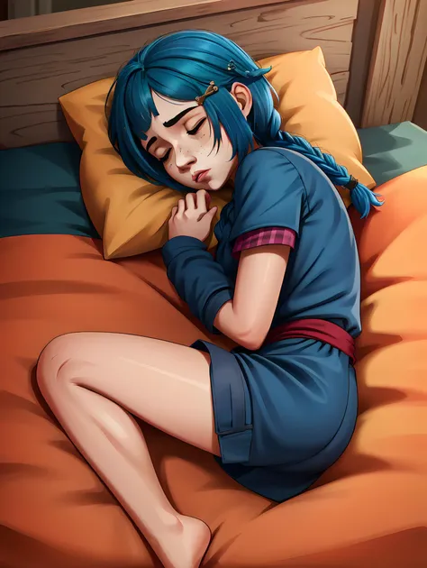 absurdres, 8k,( best quality, masterpiece:1.2), extremely detailed, highres, ultra-detailed, 1girl, child, from above, dark, laying down, pajamas<lora:arcaneStyleLora_offset:.35> arcane style  <lora:Powder :0.6>( powder from arcane, blue hair:1.2), bangs, hairclip, hair ornament, short hair, braid, ((single braid)), freckles, slim, thin, sleeping on an old mattress, indoors, eyes closed,