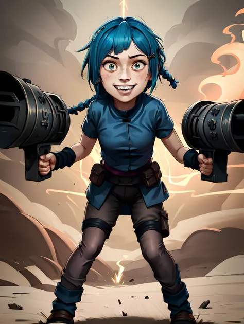 absurdres, 8k,( best quality, masterpiece:1.2), extremely detailed, highres, ultra-detailed, 1girl, <lora:Powder :0.6> powder from arcane, blue hair, bangs, hairclip, hair ornament, short hair, braid, ((single braid)), freckles, slim, thin, crazy smile, crazy expression, grin, teeth (firing a minigun, heavy weapon, gun barrel, full body, :1.2), muzzle flash, explosions <lora:Crazy_ExpressionsV2:1>