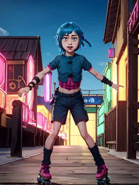 absurdres, 8k,( best quality, masterpiece:1.2), extremely detailed, highres, ultra-detailed, 1girl, <lora:arcaneStyleLora_offset:.5> arcane style <lora:Powder :0.6> powder from arcane, blue hair, bangs, hairclip, hair ornament, short hair, braid, ((single braid)), grey eyes, freckles, slim, thin, happy, blinder glasses, multicolored croptop, neon bracelets, shorts, rollerskating, boardwalk, full body, roller skates