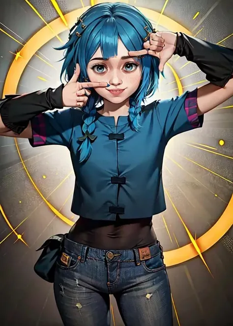 (masterpiece, best_quality, ultra-detailed, immaculate:1.3), sfw
BREAK
<lora:powder from arcane, grey eyes, short hair, asymmetrical bangs, blue hair, freckles:0.6> powder from arcane, grey eyes, 1girl, solo, hair clip, hair ornament, single braid, short hair, asymmetrical bangs, blue hair, female focus, smile, finger frame, blue shirt, full sleeves, jeans,
<lora:finger frame:1>
<lora:detail_slider_v4:1>