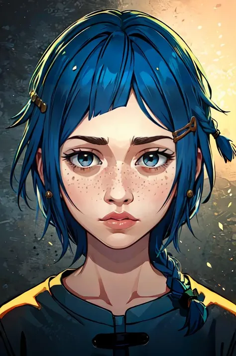 ultra detailed, masterpiece, best quality,
<lora:Powder:0.6> powder from arcane, blue hair, asymmetrical bangs, bangs, hairclip, hair ornament, short hair, braid, single braid, grey eyes, freckles, lips,