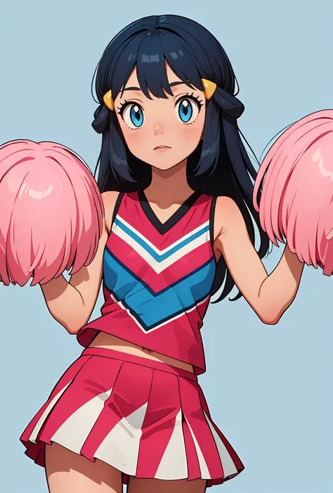 (masterpiece, best quality), 1girl, <lora:PKMN_Dawn_Cheerleader_v2:0.8> pkmndawn, 1girl, solo, blue eyes, blue hair, long hair, bangs, sidelocks, hair ornament, hairclip,, cheerleader, pink shirt, pink skirt, pleated skirt, sleeveless,, pom pom (cheerleading), holding pom poms,