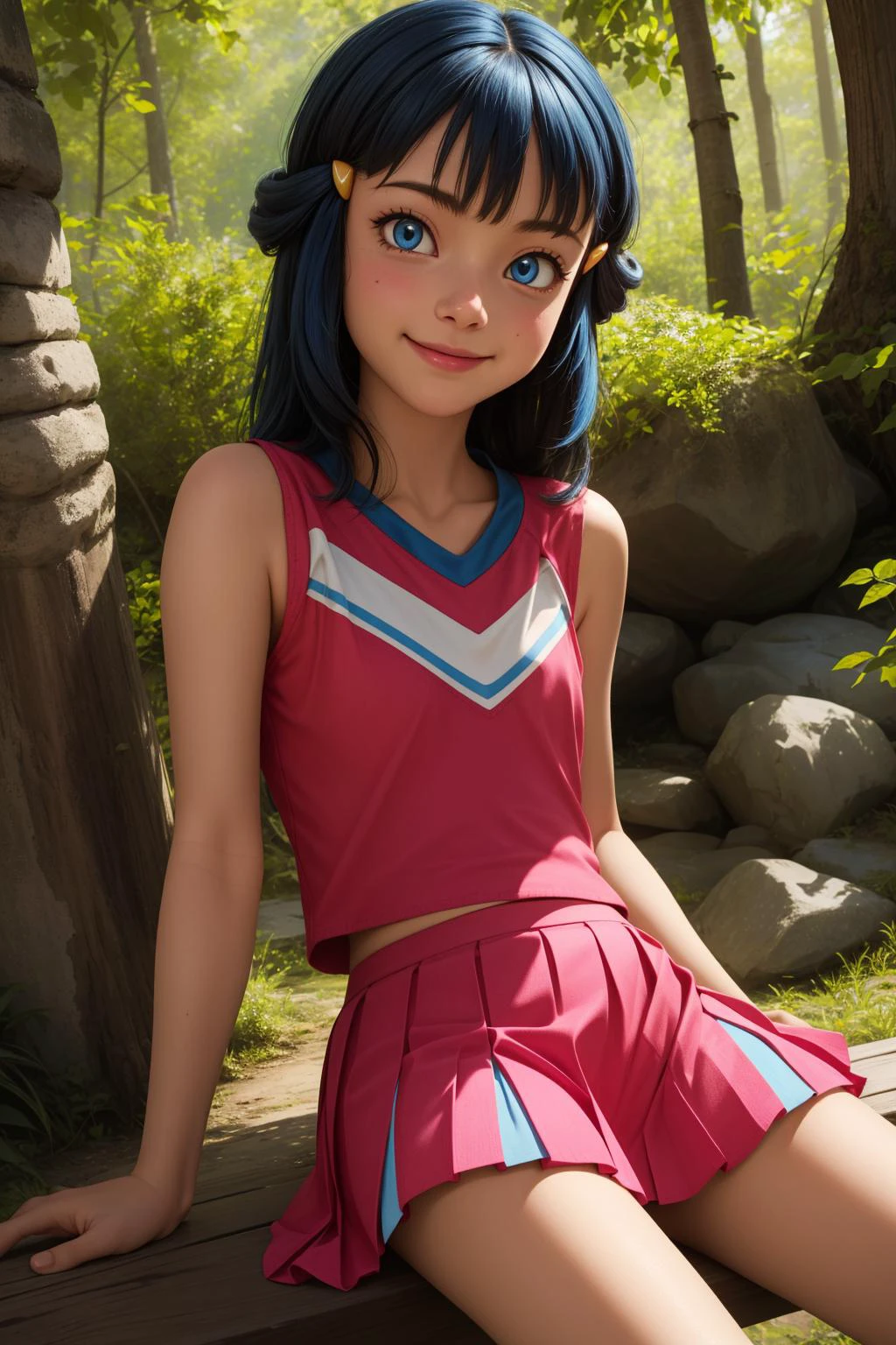 pkmndawn, 1girl, solo, blue eyes, blue hair, long hair, bangs, sidelocks, hair ornament, hairclip,
cheerleader, pink shirt, pink skirt, pleated skirt, sleeveless,
smile,closed mouth,cowboy shot, sitting,
forest,outdoor,
(insanely detailed, beautiful detailed face, masterpiece, best quality) cinematic lighting,<lora:PKMN_Dawn_Cheerleader_v2:1>, <lora:more_details:0.3>,