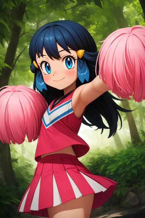 pkmndawn, 1girl, solo, blue eyes, blue hair, long hair, bangs, sidelocks, hair ornament, hairclip,
cheerleader, pink shirt, pink skirt, pleated skirt, sleeveless,
pom pom (cheerleading), holding pom poms, 
smile,closed mouth,cowboy shot, 
forest,outdoor,
(insanely detailed, beautiful detailed face, masterpiece, best quality) cinematic lighting,<lora:PKMN_Dawn_Cheerleader_v2:1>, <lora:more_details:0.3>,