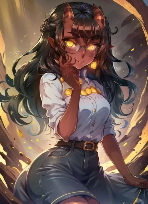 ((best quality)), ((highly detailed)), masterpiece, (detailed eyes, deep eyes), (1girl), (glasses), cowboy shot, <lora:meru_v10:.9>, meru, merunyaa, colored skin, (red colored skin:1.3), horns, ((freckles)), black hair, long hair, yellow eyes, glowing eyes, mole, mole under eye, smile, <lora:Paint_Style:.9>, Paint_Style