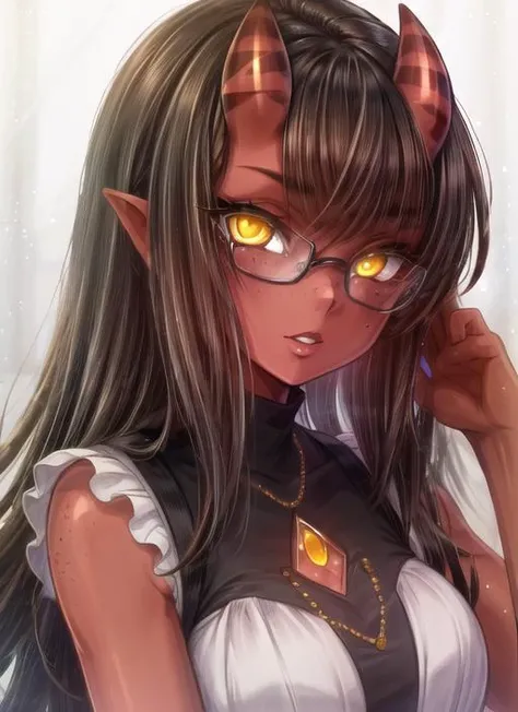 ((best quality)), ((highly detailed)), masterpiece, (detailed eyes, deep eyes), (1girl), (glasses), <lora:hairdetailer:1>, <lora:meru_v10:.7>, meru, merunyaa, colored skin, (red colored skin:1.3), horns, ((freckles)), black hair, very long hair, yellow eyes, glowing eyes, mole, mole under eye