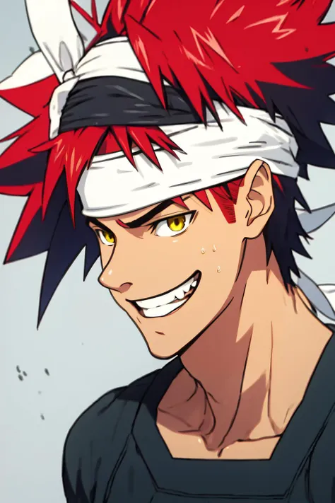 best quality, Mature male, Looking off to the side, <lora:yukihira_souma:1> yukihira_souma, red_hair, spiked_hair, black shirt, white headband, grin