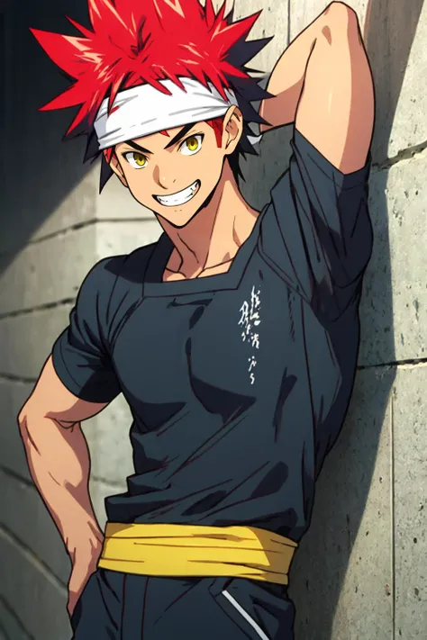 best quality, Mature male, Against a wall, <lora:yukihira_souma:1> yukihira_souma, red_hair, spiked_hair, black shirt, white headband, grin