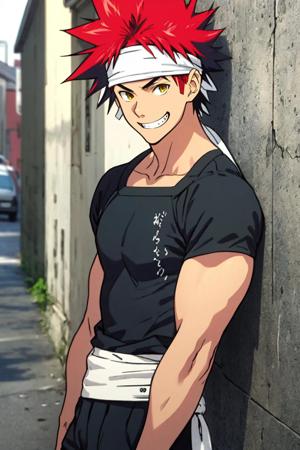 best quality, Mature male, Against a wall, <lora:yukihira_souma:1> yukihira_souma, red_hair, spiked_hair, black shirt, white headband, grin