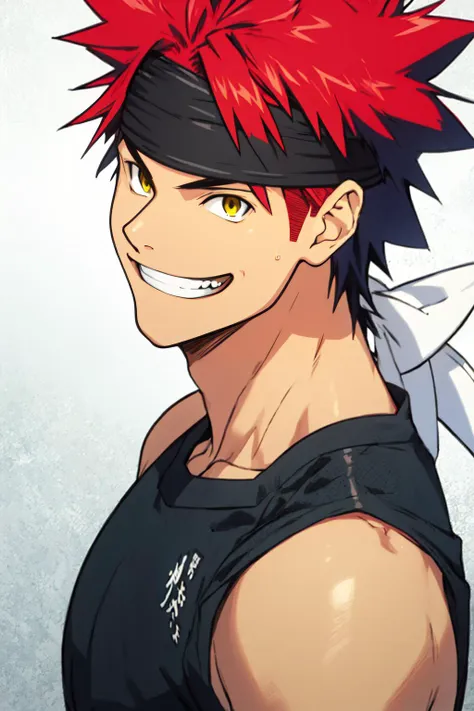 best quality, Mature male, Standing, <lora:yukihira_souma:1> yukihira_souma, red_hair, spiked_hair, black shirt, white headband, grin