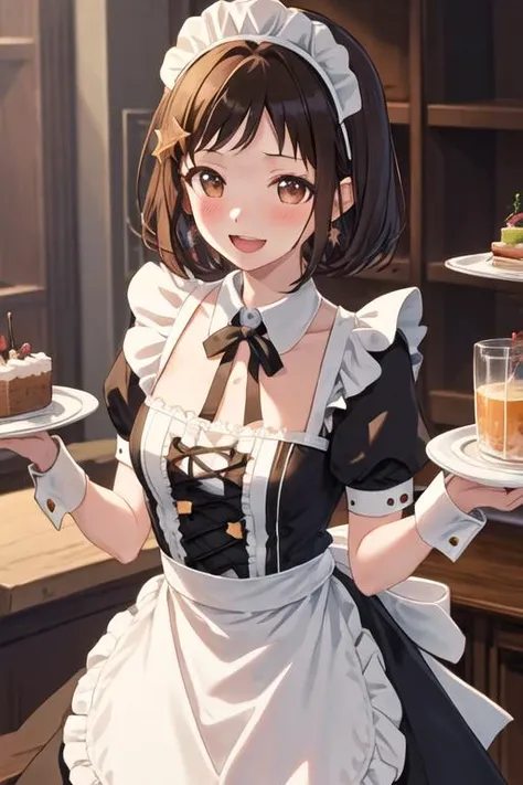 1girl, chiori \(genshin impact\), solo, maid, maid headdress, maid apron, pantyhose, open mouth, laughing, holding plate, looking at viewer, cowboy shot, bar \(place\), indoors, depth of field