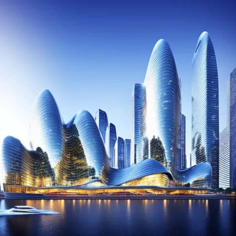 a  hall of theater  in a city with a river in front of them and a boat in the water, Cui Bai, futuristic, a digital rendering, hypermodernism by zaha-hadid style