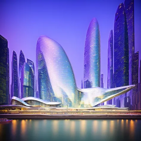 a  hall of theater  in a city with a river in front of them and a boat in the water, Cui Bai, futuristic, hypermodernism by zaha-hadid style