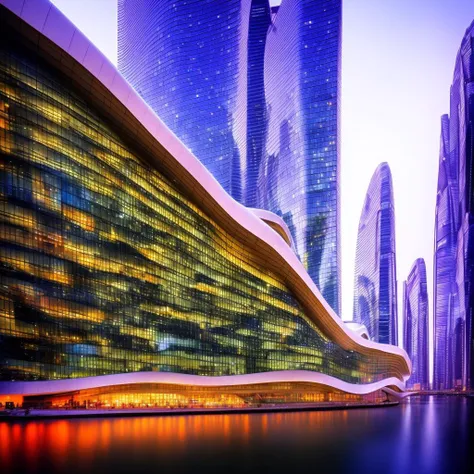 a  hall of theater  in a city with a river in front of them and a boat in the water, Cui Bai, futuristic, hypermodernism by zaha-hadid style