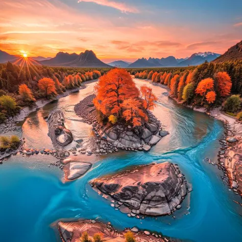 Radiant Darkness, a river surrounded by trees and mountains, in the center of the river a small island of rocks and a tree, blue water, orange sunset sky <lora:Radiant_Darkness:1> <lora:xl_more_art-full_v1:1>