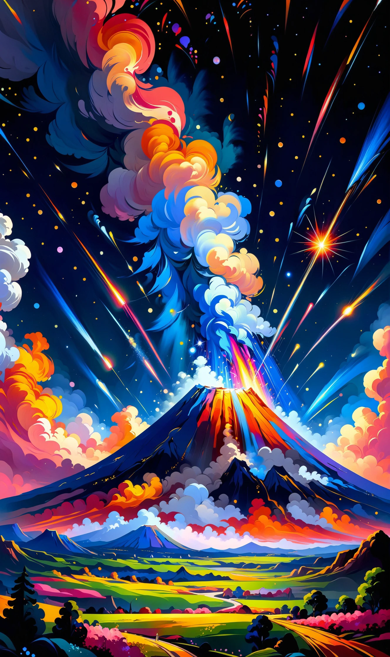 Homely Flourishing muddled , Celestial Meteor Shower Streaks of light paint the night sky in a celestial meteor shower., in the style of Ruan Jia and Roberto Ferri , vibrant saturated colors,
<lora:Radiant_Darkness:1> Radiant Darkness <lora:PE_ToonLand:.71> PEToonLand, <lora:minimalist_comic_XL:.3>, <lora:ral-colorswirl:0.9> ral-colorswirl ,<lora:xl-shanbailing-1003fire:.7> burning volcano ,fire element,