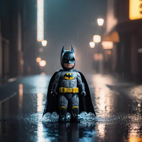 Radiant Darkness, batman, rainy street with puddles, cinemahelper, night city lights bokeh background, dramatic lighting, anamorphic, depth of field, sharp focus, extremely detailed <lora:Radiant_Darkness:1>