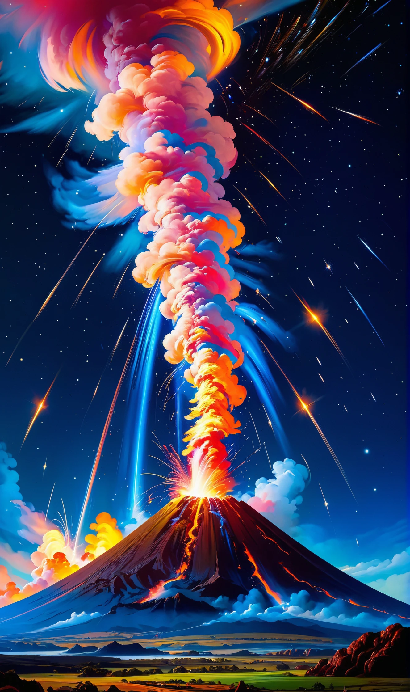 Homely Flourishing muddled , Celestial Meteor Shower Streaks of light paint the night sky in a celestial meteor shower., in the style of Ruan Jia and Roberto Ferri , vibrant saturated colors,
<lora:Radiant_Darkness:1> Radiant Darkness <lora:PE_ToonLand:.71> PEToonLand, , <lora:ral-colorswirl:0.4> ral-colorswirl ,<lora:xl-shanbailing-1003fire:.7> burning volcano ,fire element,