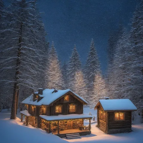 Radiant Darkness, sprawling village of rustic cabins nestled beneath Eastern Hemlock trees, winter, christmas holiday decorations, extremely detailed, masterpiece, masterpiece, best quality, highly detailed, sharp focus, dynamic lighting, vivid colors, texture detail, particle effects, storytelling elements, narrative flair, 16k, UE5, HDR, subject-background isolation, highly detailed, expressive, dramatic, dreamlike and mysterious, Surrealism, highly detailed . eerie, unsettling, dark, spooky, suspenseful, grim, highly detailed,  <lora:Radiant_Darkness:1>,