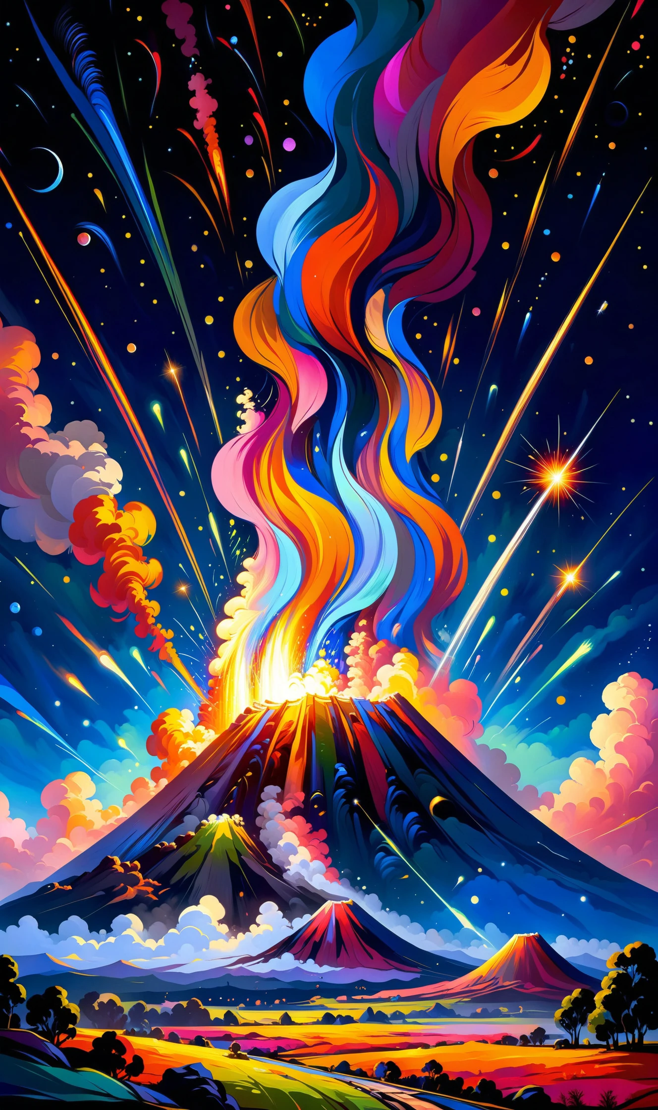 Homely Flourishing muddled , Celestial Meteor Shower Streaks of light paint the night sky in a celestial meteor shower., in the style of Ruan Jia and Roberto Ferri , vibrant saturated colors,
<lora:Radiant_Darkness:1> Radiant Darkness <lora:PE_ToonLand:.71> PEToonLand, <lora:minimalist_comic_XL:.3>, <lora:ral-colorswirl:0.9> ral-colorswirl ,<lora:xl-shanbailing-1003fire:.7> burning volcano ,fire element,