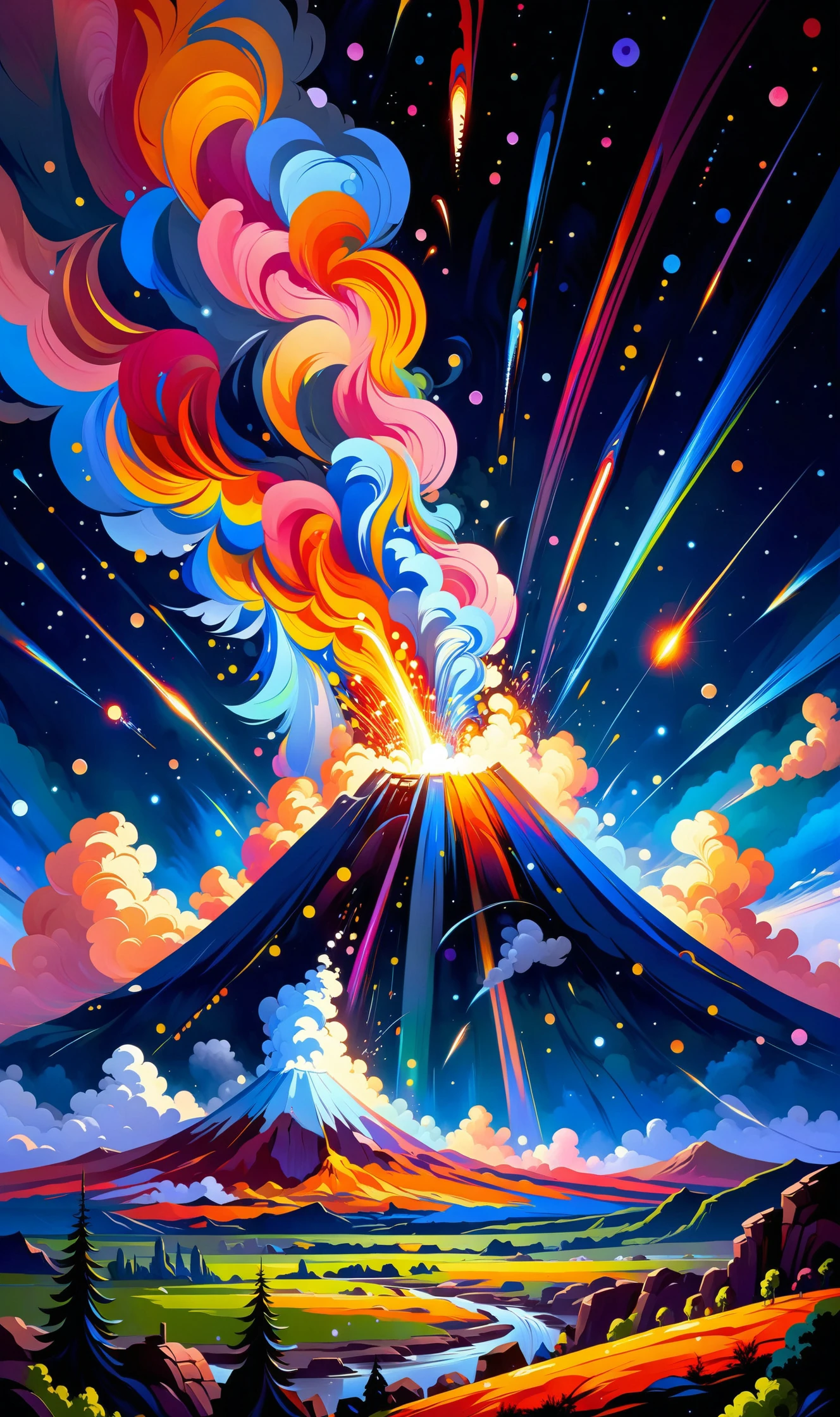 Homely Flourishing muddled , Celestial Meteor Shower Streaks of light paint the night sky in a celestial meteor shower., in the style of Ruan Jia and Roberto Ferri , vibrant saturated colors,
<lora:Radiant_Darkness:1> Radiant Darkness <lora:PE_ToonLand:.71> PEToonLand, <lora:minimalist_comic_XL:.3>, <lora:ral-colorswirl:0.9> ral-colorswirl ,<lora:xl-shanbailing-1003fire:.7> burning volcano ,fire element,