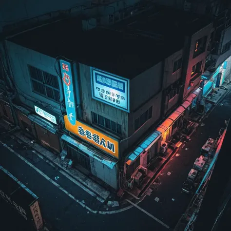 Radiant Darkness, scenery, building, no humans, sign, night, cityscape, outdoors, road, stairs, street, air conditioner, ground vehicle, science fiction, neon lights, from above, rooftop, dark, window, city lights <lora:Radiant_Darkness:1>