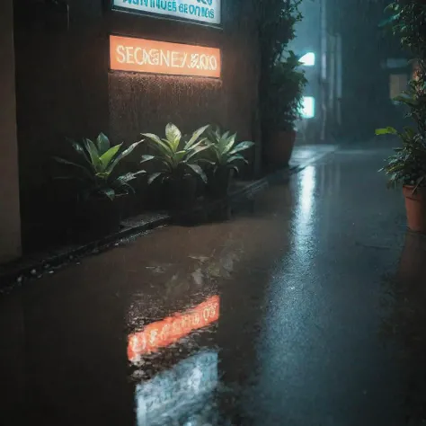 radiant darkness, scenery, sign, night, outdoors, no humans, building, reflection, dark, water, rain, light, puddle, road, street, potted plant, <lora:Radiant_Darkness:1>