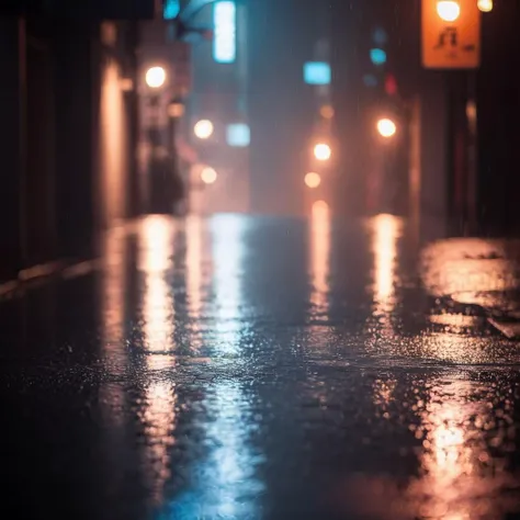Radiant Darkness, rainy street with puddles, night city lights bokeh background, dramatic lighting, depth of field, sharp focus, extremely detailed <lora:Radiant_Darkness:1>