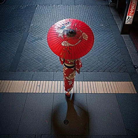 Radiant Darkness, oil-paper umbrella, kimono, japanese clothes, sign, scenery, night, 1girl, holding umbrella, outdoors, standing, train station, from above, shadow, reflection, red umbrella, black hair, building, wide shot, from behind, dark, road <lora:Radiant_Darkness:1>