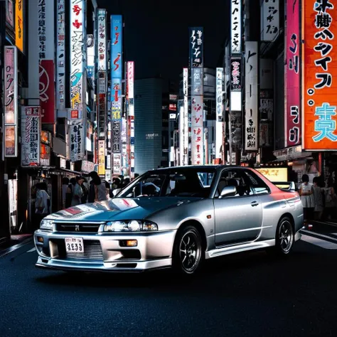 radiant darkness, a silver skyline r33, tokyo, neon lights, busy city <lora:Radiant_Darkness:1>