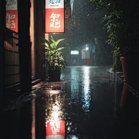 radiant darkness, scenery, sign, night, outdoors, no humans, building, reflection, dark, water, rain, light, puddle, road, street, potted plant, <lora:Radiant_Darkness:1>