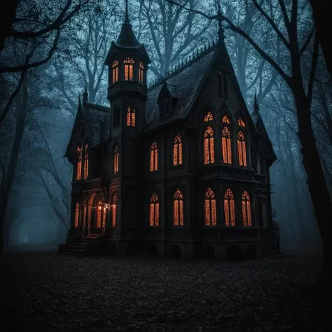 radiant darkness, gothic mansion, glowing windows, dark forest, grim path <lora:Radiant_Darkness:1>