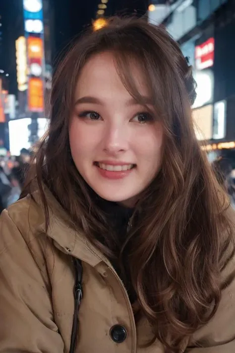 tinakitten, award winning photoshoot, upper body, a woman wearing a winter jacket, time square new york, smiling, sharp, lighting, shadows, updo hair, purse, <lora:tinakitten_v1_sd1.5_andyxn:0.55>