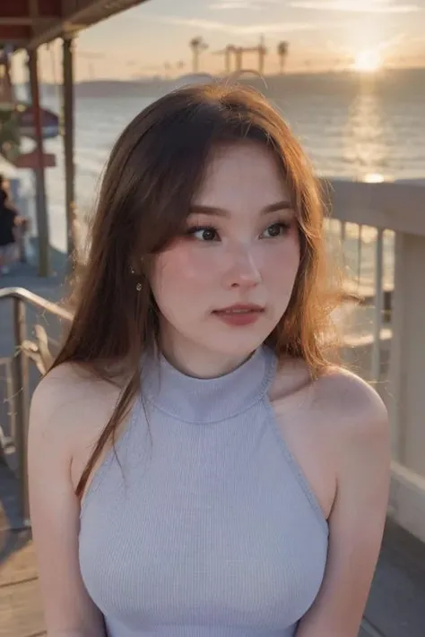tinakitten, award winning photoshoot, upper body, a woman wearing a high neck conservative dress, santa monica pier, side, sharp, lighting, shadows, <lora:tinakitten_v1_sd1.5_andyxn:0.55>, golden hour