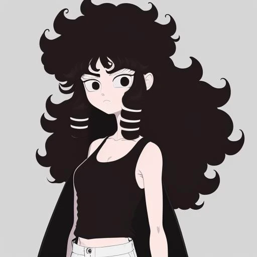 Masterpiece, 80s anime style, simple background, best quality, flat color_1.25, small eyes detailed eyes, detailed face and eyes, white pants, long black coat, rolled up sleeves, white bandanna, knife, katana, badass, black hair, brown hair, curly hair, girl, black tank top, cool,