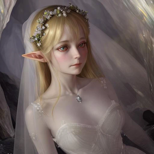 ((by Anders Zorn)), (by Annie Swynnerton), cinematic shot, cute face, realistic, insane detail, elf, princess, ghost, plastic, sexy golem girl made out of crystal inside a cave, diamond skin, geometrical, realistic, x-ray, visible bones, transparent skin, reflections, reflective, red eyes, wedding dress