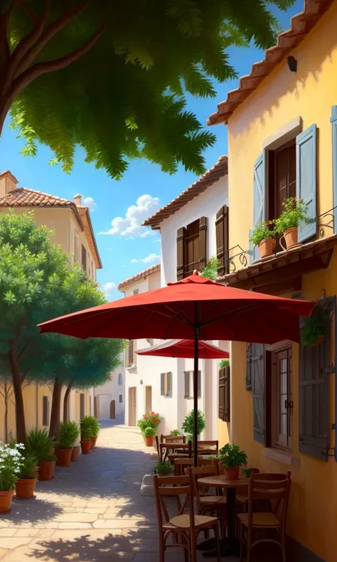 style traditional french cafe in the street of a small village on France, A terrace in the shade of a hundred-year-old olive tree, a friendly atmosphere around coffee and tea, "Dolce Vita". Unreal engine rendering, hyper realist, ultra detailed, oil painting, warm colors, happy, impressionism, Da Vinci, 4k