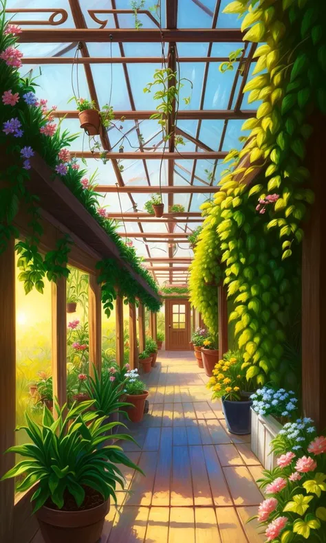 an old greenhouse overgrown with plants, cottagecore style, golden hour, lights, fantasy concept art, intricate art by studio ghibli, video game concept art