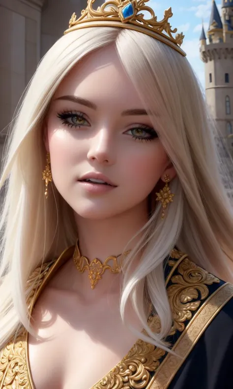 long hair, white hair, golden eyes, 1girl, head, face, portrait, princess, absurdres, masterpiece, best quality, long dress, gown, cape, (castle background), intricate, elegant, crown, diadem, royal, tone mapped, highly detailed, beautiful, small details, ultra detailed, best quality, intricate, hyperrealism, sharp, digital illustration, detailed, realism, 4k, 8k, trending on artstation, good anatomy, beautiful lighting, award-winning, photorealistic, realistic shadows, realistic lighting, raytracing, intricate details, rule of thirds, masterpiece, (illustration:1.1), highres, (colorful:0.9), beautiful face, highly detailed face, cinematic lighting, volumetric lighting, ultra realistic, masterpiece, extremely detailed