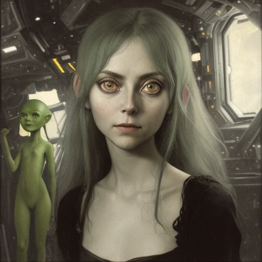 ((by Anders Zorn)), (by Annie Swynnerton), ((realistic)), photo referenced, highest quality, high quality, (detailed face and eyes:1.1), skinny alien girl, ((green skin)), (grey alien), ((big eyes)), big nose, black sclera, ((in space)), UFO in the background, black jumpsuit, black eyes