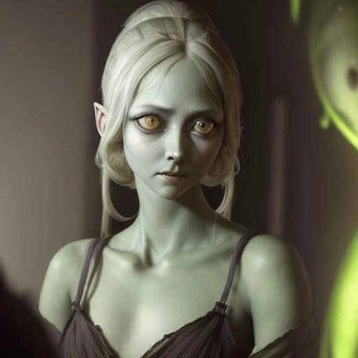 ((by Anders Zorn)), (by Annie Swynnerton), ((realistic)), cinematic shot, theater, photo referenced, highest quality, high quality, (detailed face and eyes:1.1), skinny alien girl, ((green skin)), (grey alien), ((big eyes)), big nose, black sclera, ((in space)), UFO in the background, black jumpsuit, black eyes