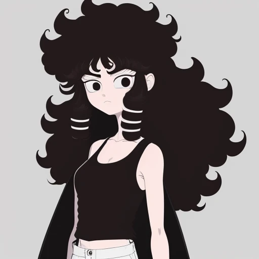 Masterpiece, 80s anime style, simple background, best quality, flat color_1.25, small eyes detailed eyes, detailed face and eyes, white pants, long black coat, rolled up sleeves, white bandanna, knife, katana, badass, black hair, brown hair, curly hair, girl, black tank top, cool,